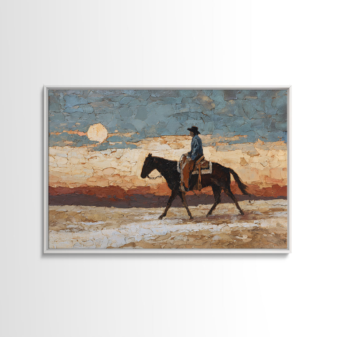 Desert Moon over Lone Rider Framed Canvas Print, Western Art, Western Home Decor, Southwestern Decor, Oil Painting, Frontier, WES-3x2-63