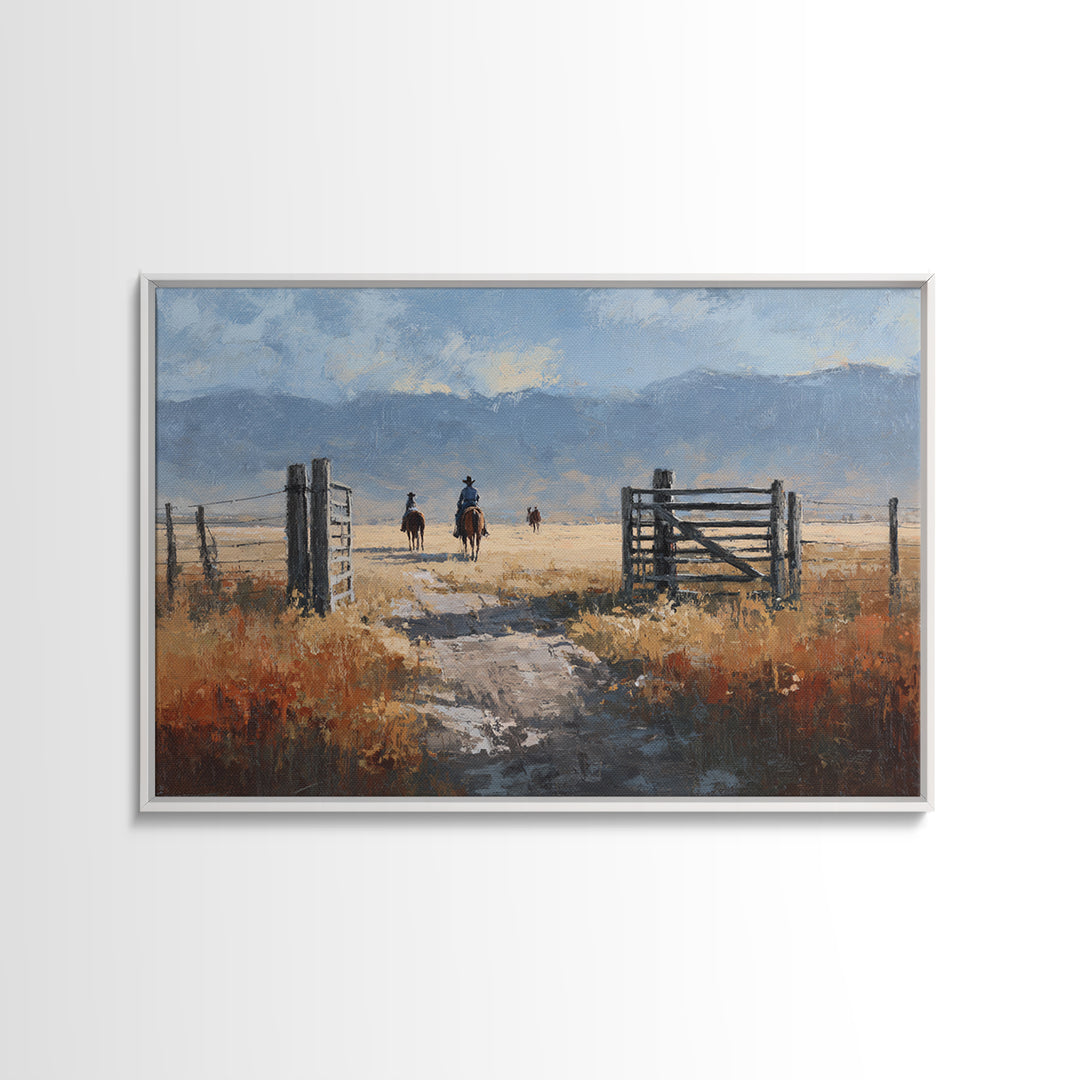 Sun Bleached Ranch Gate Framed Canvas Print, Western Art, Western Wall Art, Southwestern Decor, Watercolor Art, Frontier, WES-3x2-91