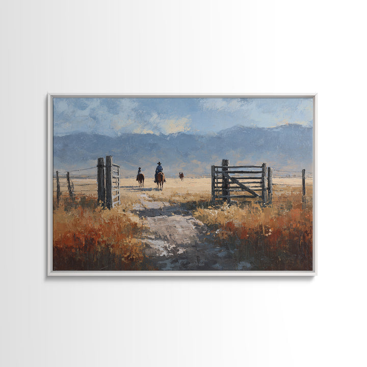 Sun Bleached Ranch Gate Framed Canvas Print, Western Art, Western Wall Art, Southwestern Decor, Watercolor Art, Frontier, WES-3x2-91