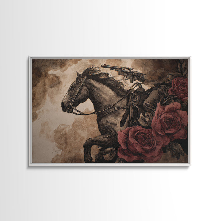 Old Revolver and Roses Framed Canvas Print, Western Art, Printable Art, Southwestern Decor, Frontier, Western Home Decor, WES-3x2-95