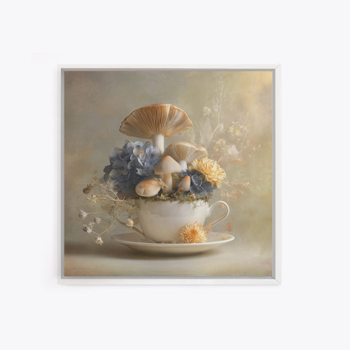 Teacup Garden with Tiny Mushrooms Framed Canvas Print, Whimsical Art, Watercolor Art, Living Room Decor, Fine Art, Wonder, WHI-1x1-100