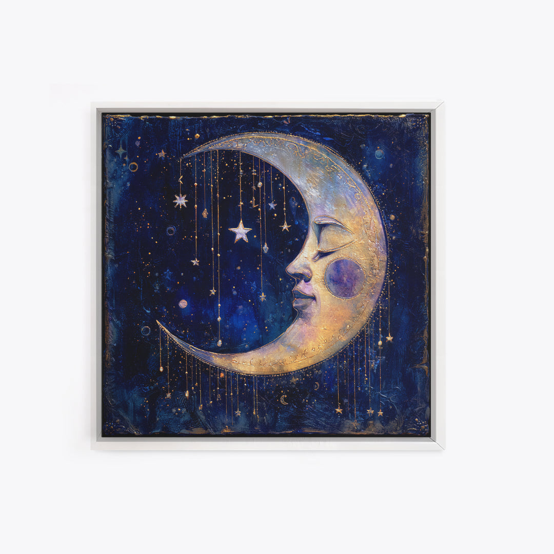 Moon with Sleeping Face and Dangling Stars Framed Canvas Print, Whimsical Art, Printable Art, Living Room Decor, Wonder, WHI-1x1-16