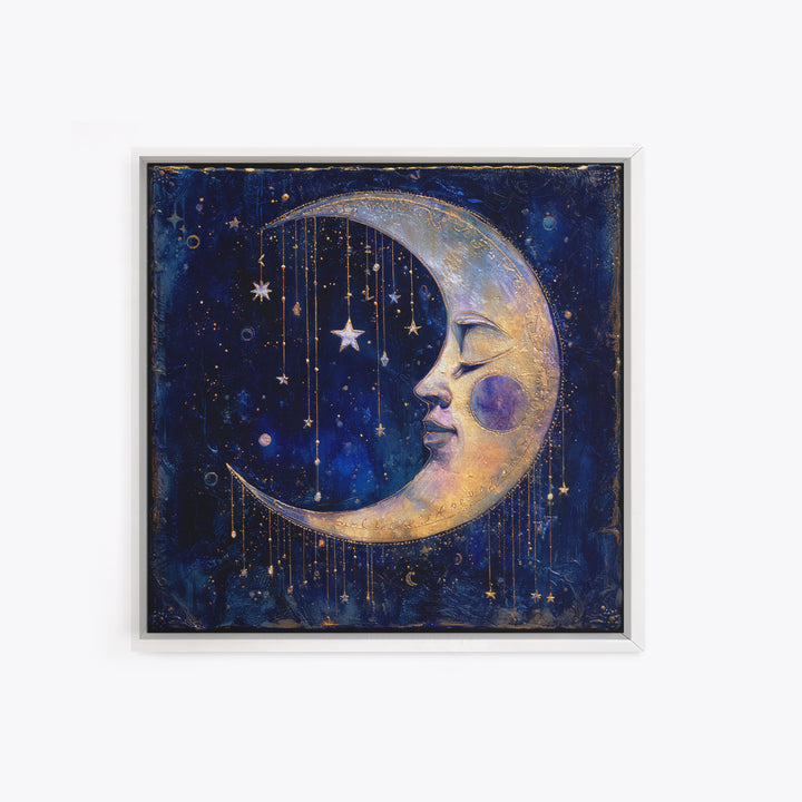 Moon with Sleeping Face and Dangling Stars Framed Canvas Print, Whimsical Art, Printable Art, Living Room Decor, Wonder, WHI-1x1-16