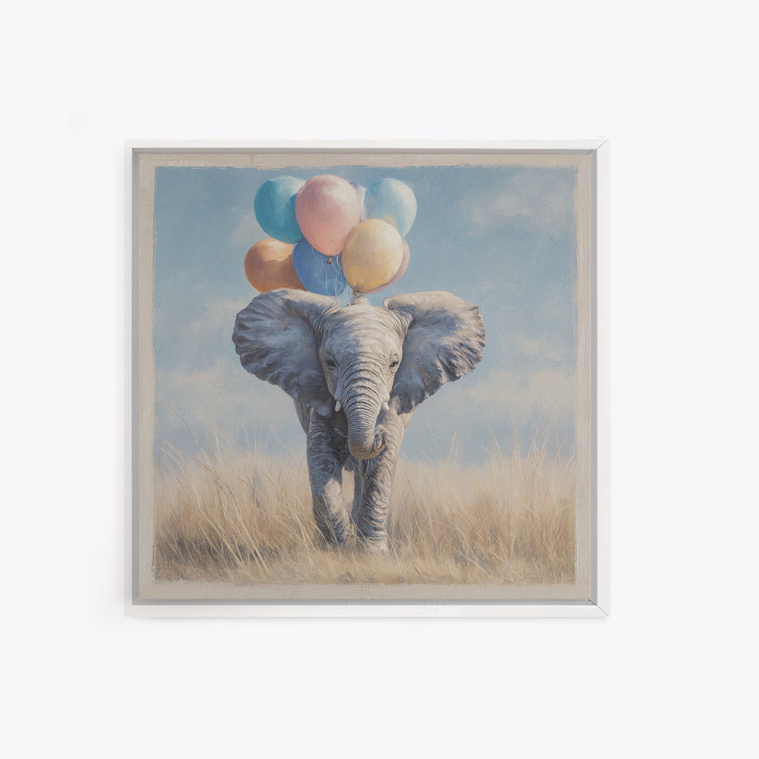 Elephant Holding Balloons Framed Canvas Print, Whimsical Art, Nursery, Living Room Decor, Fine Art, Wonder, Watercolor Art, WHI-1x1-27