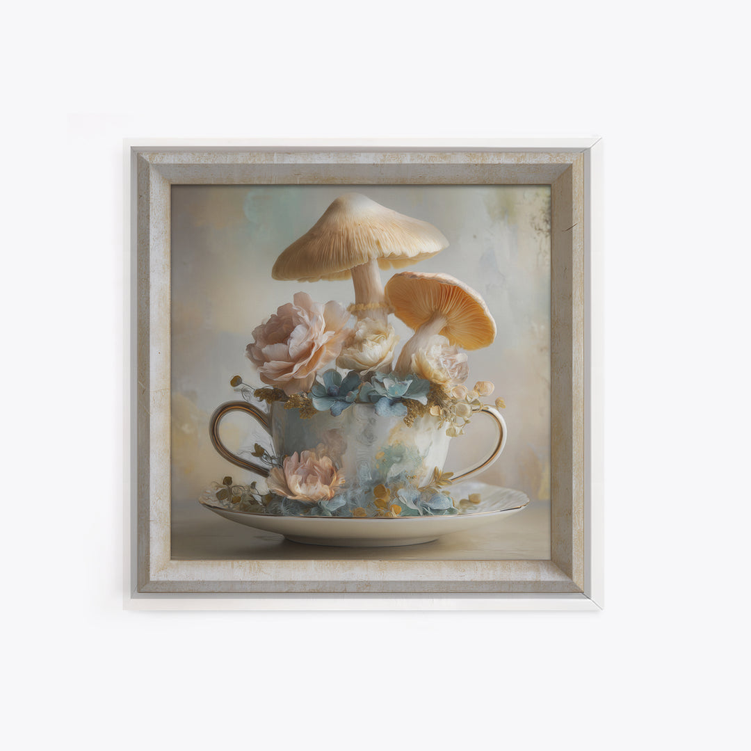Teacup Garden with Tiny Mushrooms Framed Canvas Print, Whimsical Art, Printable Wall Art, Living Room Decor, Fine Art, Wonder, WHI-1x1-28