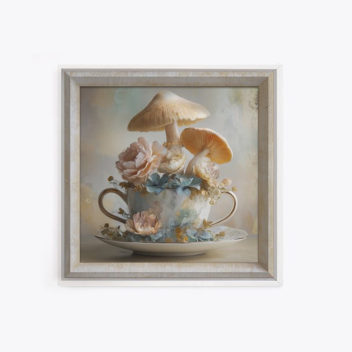 Teacup Garden with Tiny Mushrooms Framed Canvas Print, Whimsical Art, Printable Wall Art, Living Room Decor, Fine Art, Wonder, WHI-1x1-28