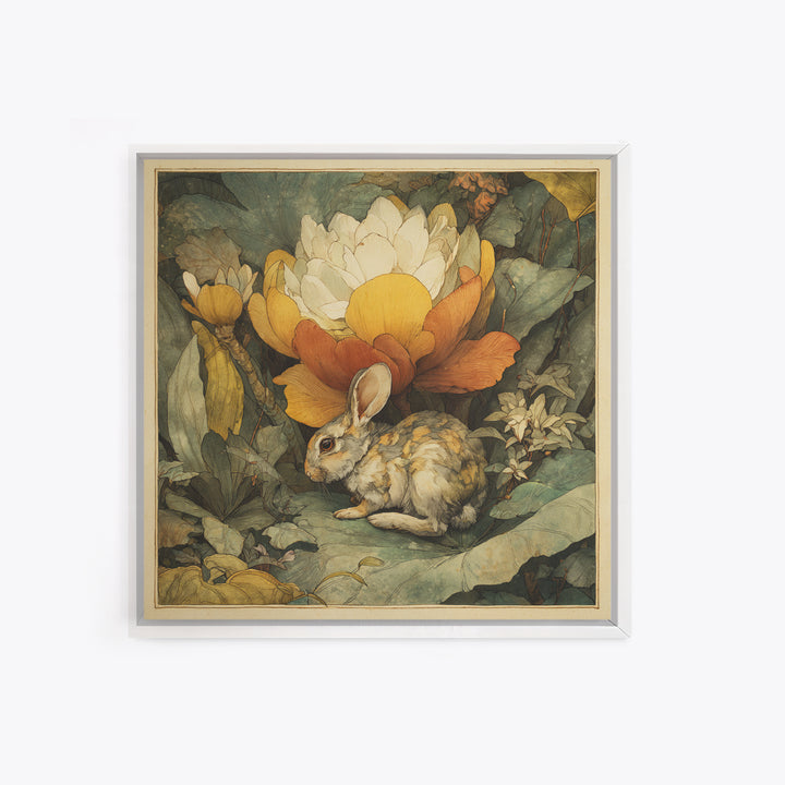Rabbit Reading Beneath a Giant Flower Framed Canvas Print, Whimsical Art, Textured Painting, Living Room Decor, Wonder, WHI-1x1-29
