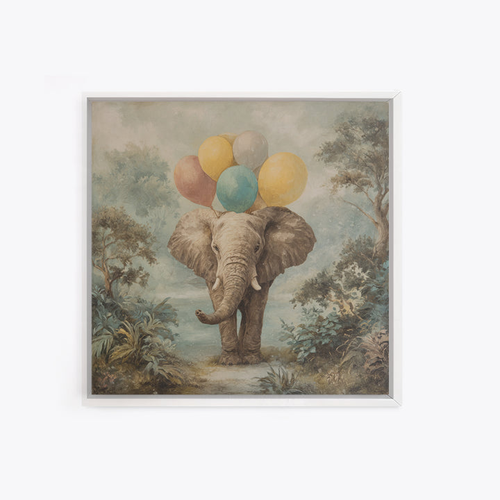 Elephant Holding Balloons Canvas Print, Whimsical Art, Art Nouveau, Living Room Decor, Abstract Art, Wonder, Nursery Wall Decor, WHI-1x1-3