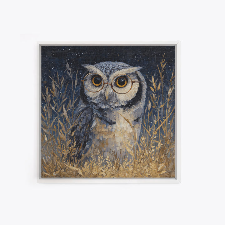 Owl Wearing Spectacles Among Stars Canvas Print, Whimsical Art, Nursery Prints, Living Room Decor, Oil Painting, Wonder, WHI-1x1-30