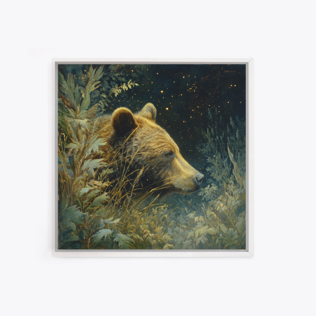 Bear Painting Stars Onto the Night Sky Framed Canvas Print, Whimsical Art, Living Room Decor, Abstract Art, Wonder, WHI-1x1-33