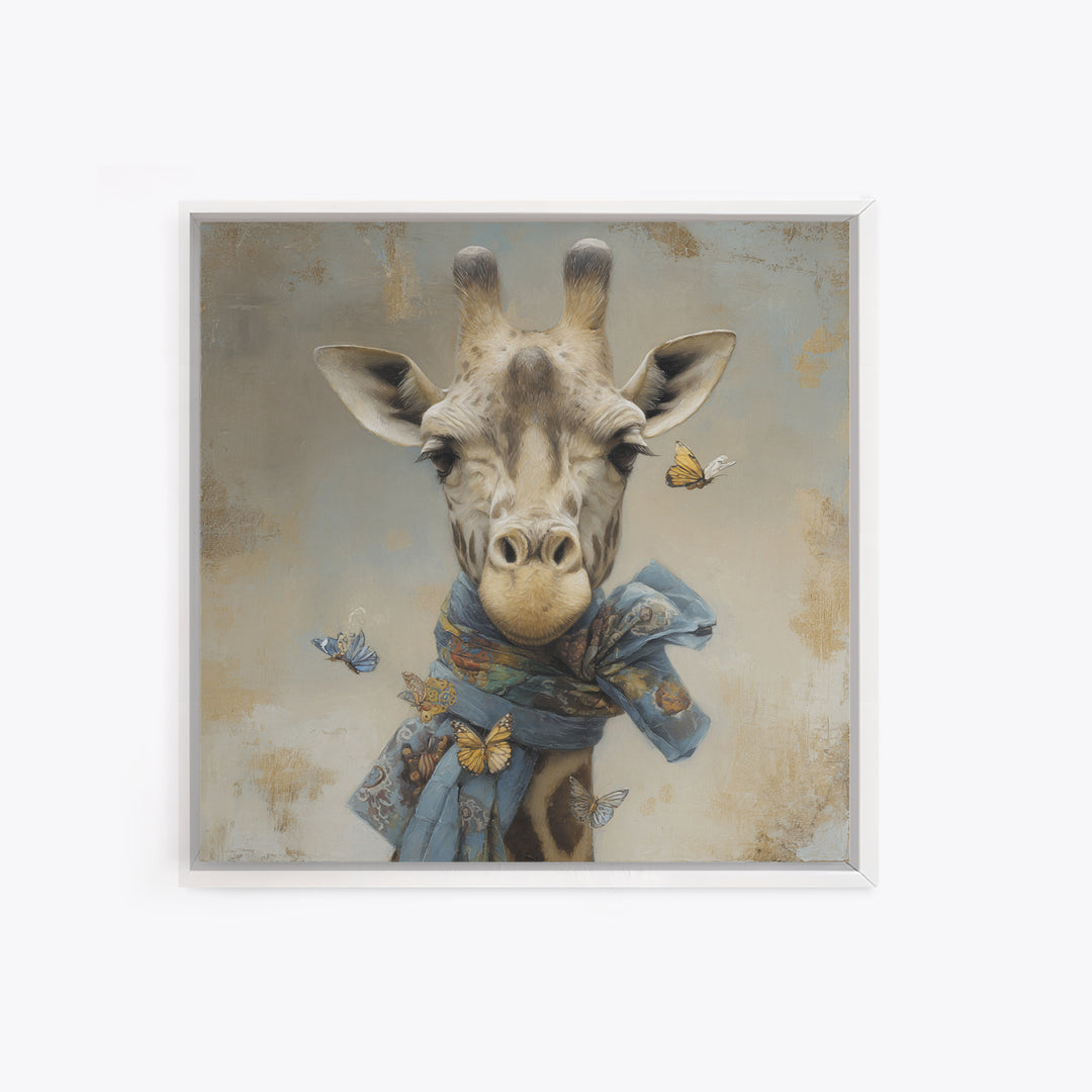 Giraffe with Scarf and Butterflies Framed Canvas Print, Whimsical Art, Watercolor Art, Living Room Decor, Wonder, WHI-1x1-34