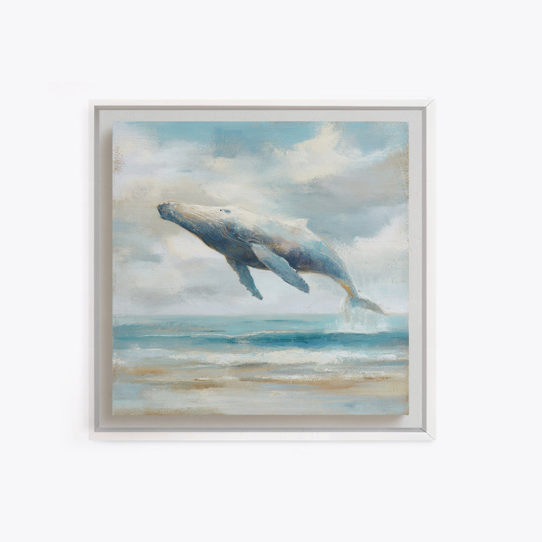Whale Flying Through Clouds Like Ocean Framed Canvas Print, Whimsical Art, Boho Decor, Living Room Decor, Fine Art, Wonder, WHI-1x1-37