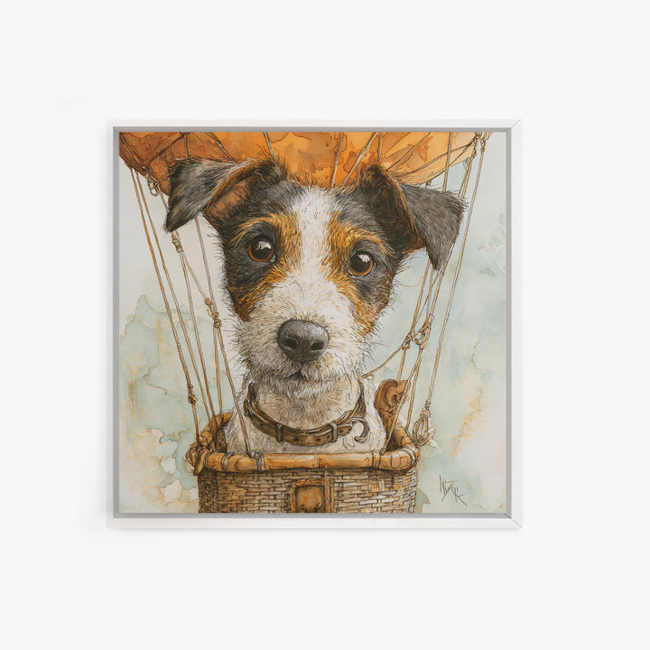 Dog in a Hot Air Balloon Framed Canvas Print, Whimsical Art, Gallery Decor, Living Room Decor, Fine Art, Wonder, Wall Art, WHI-1x1-38