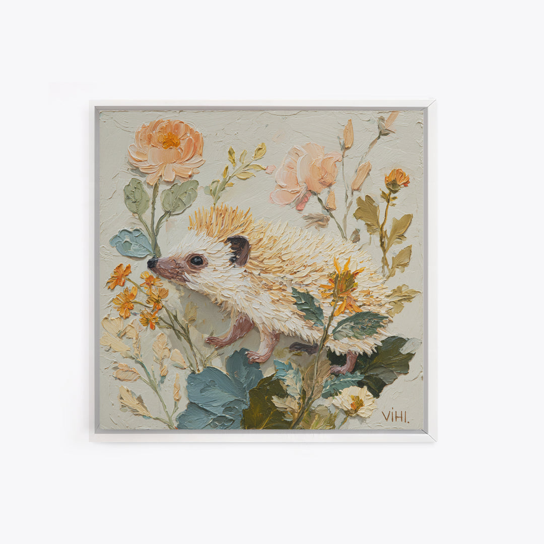 Hedgehog Carrying Wildflowers Framed Canvas Print, Whimsical Art, Dark Academia Decor, Living Room Decor, Fine Art, Wonder, WHI-1x1-39