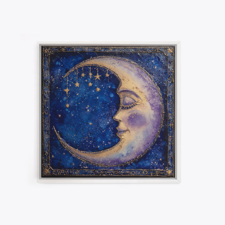 Moon with Sleeping Face and Dangling Stars Framed Canvas Print, Whimsical Art, Room Decor, Living Room Decor, Oil Painting, WHI-1x1-40