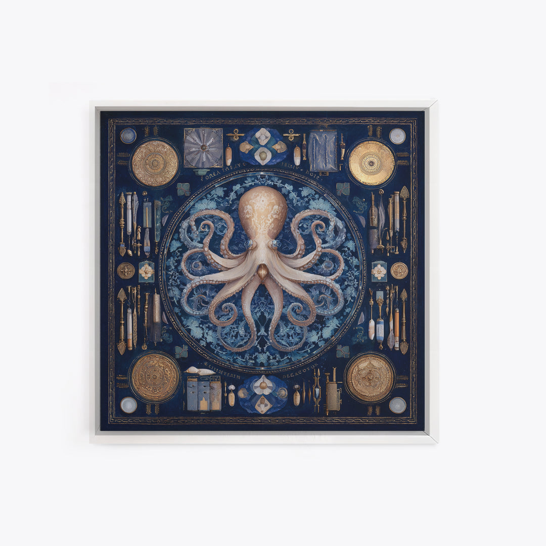 Octopus Conductor with Tiny Instruments Framed Canvas Print, Whimsical Art, Bird Art, Living Room Decor, Abstract Art, Wonder, WHI-1x1-42