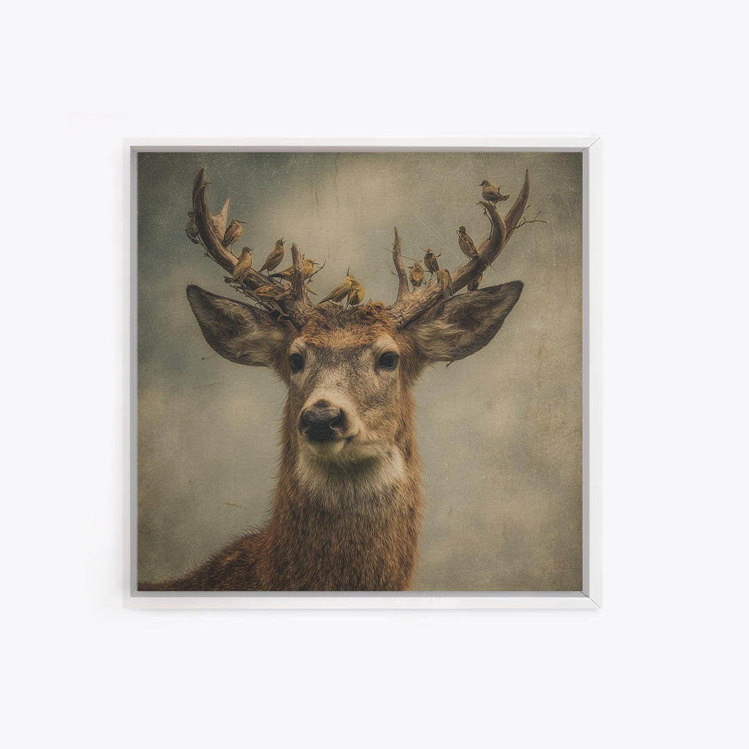 Deer with Antlers Full of Birds Framed Canvas Print, Whimsical Art, Dopamine Decor, Living Room Decor, Oil Painting, Wonder, WHI-1x1-43