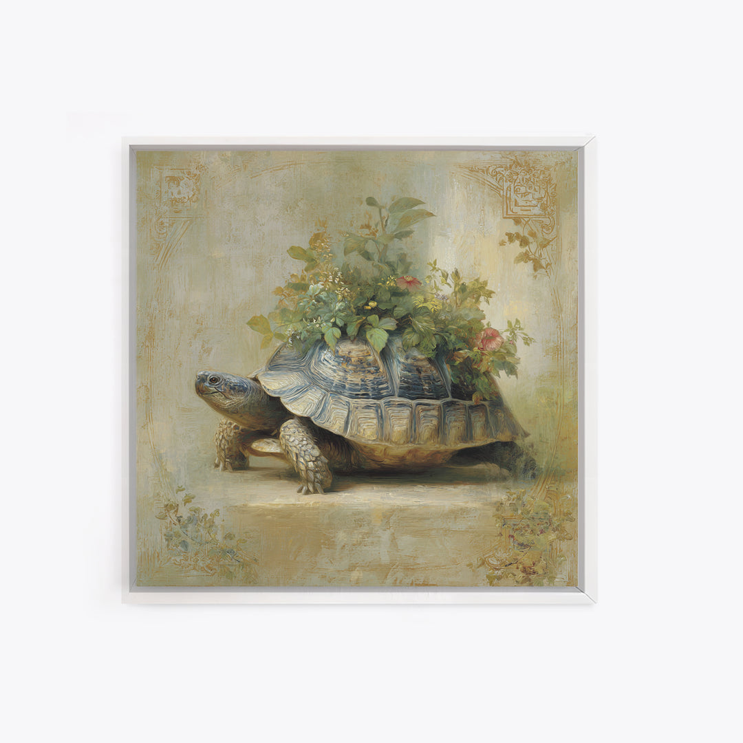 Turtle with Garden Growing on Shell Framed Canvas Print, Whimsical Art, Nursery Art, Living Room Decor, Oil Painting, Wonder, WHI-1x1-46