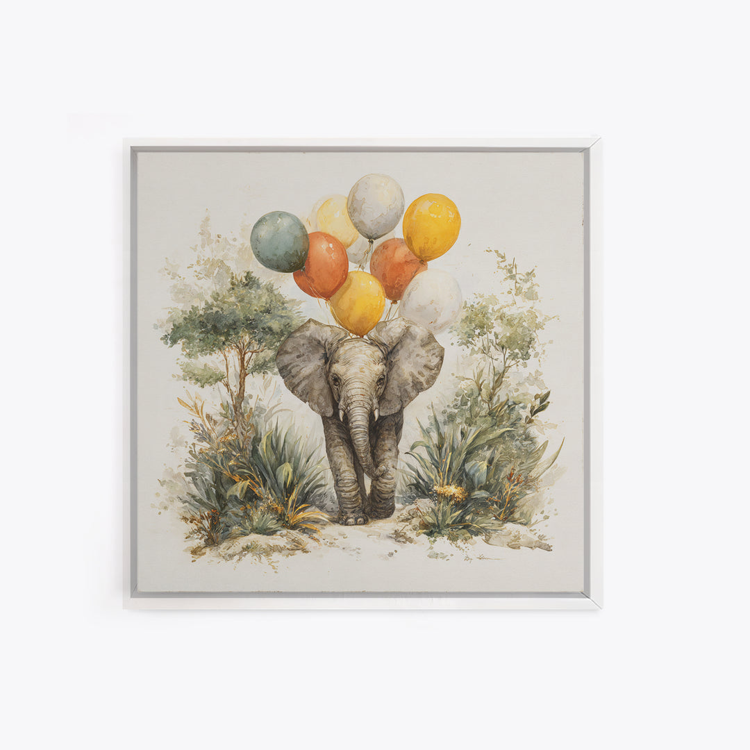 Elephant Holding Balloons Framed Canvas Print, Whimsical Art, Nursery Prints, Living Room Decor, Oil Painting, Wonder, WHI-1x1-51