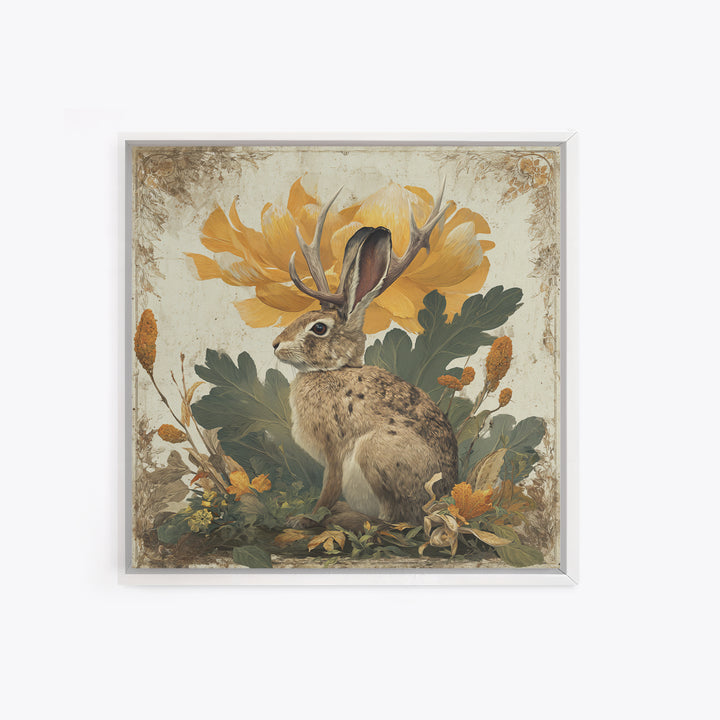Rabbit Reading Beneath a Giant Flower Framed Canvas Print, Whimsical Art, Textured Painting, Living Room Decor, Wonder, WHI-1x1-53