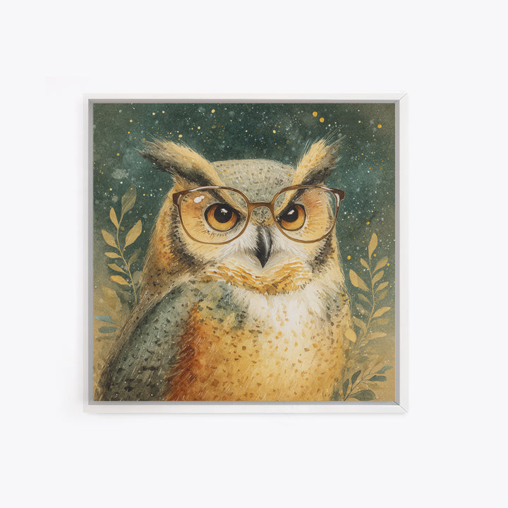 Owl Wearing Spectacles Among Stars Canvas Print, Whimsical Art, Nursery Prints, Living Room Decor, Oil Painting, Wonder, WHI-1x1-54