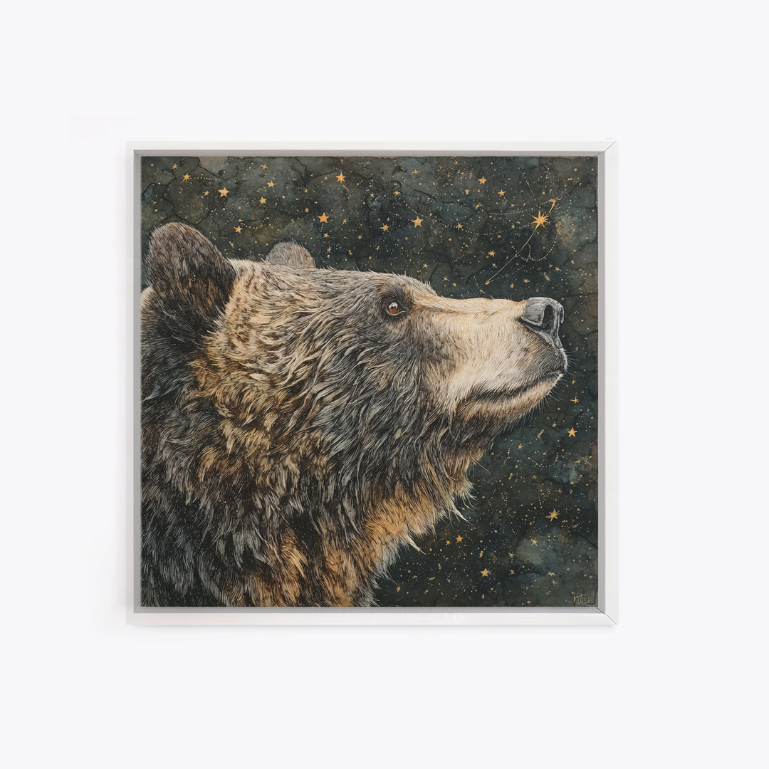 Bear Painting Stars Onto the Night Sky Framed Canvas Print, Whimsical Art, Living Room Decor, Abstract Art, Wonder, WHI-1x1-57