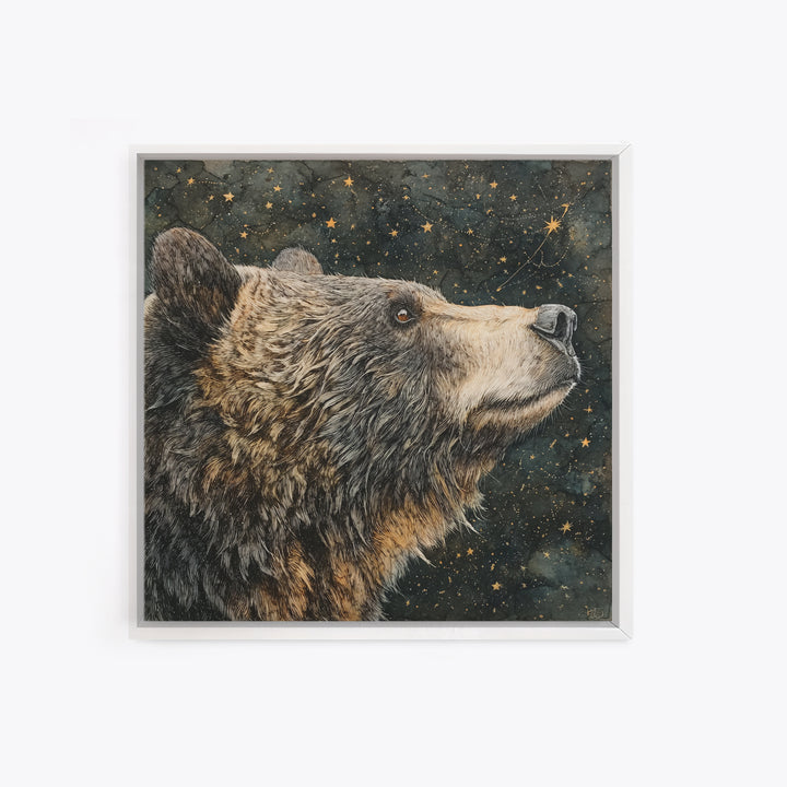 Bear Painting Stars Onto the Night Sky Framed Canvas Print, Whimsical Art, Living Room Decor, Abstract Art, Wonder, WHI-1x1-57