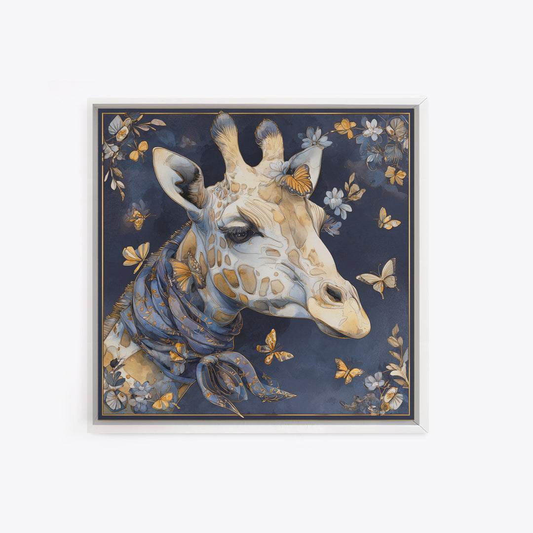 Giraffe with Scarf and Butterflies Framed Canvas Print, Whimsical Art, Watercolor Art, Living Room Decor, Wonder, WHI-1x1-58