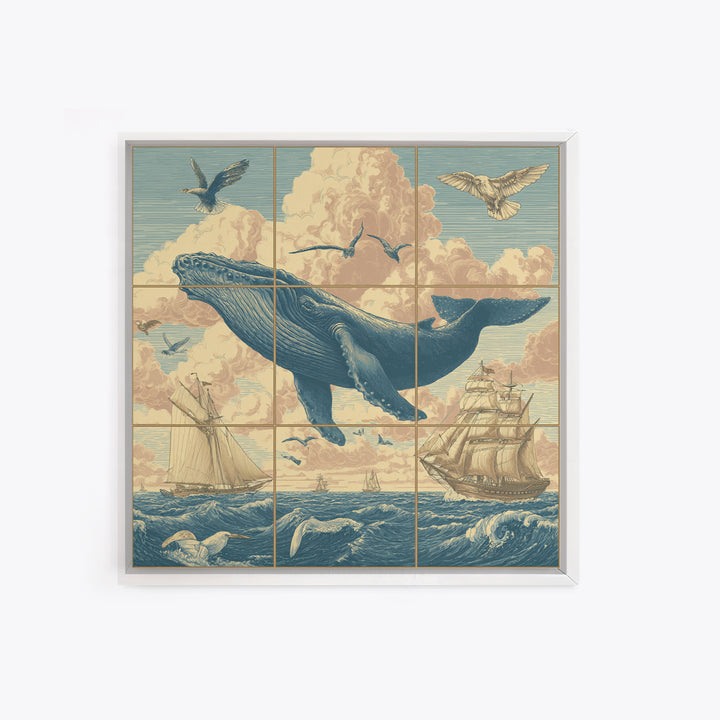 Whale Flying Through Clouds Like Ocean Framed Canvas Print, Whimsical Art, Boho Decor, Living Room Decor, Fine Art, Wonder, WHI-1x1-61