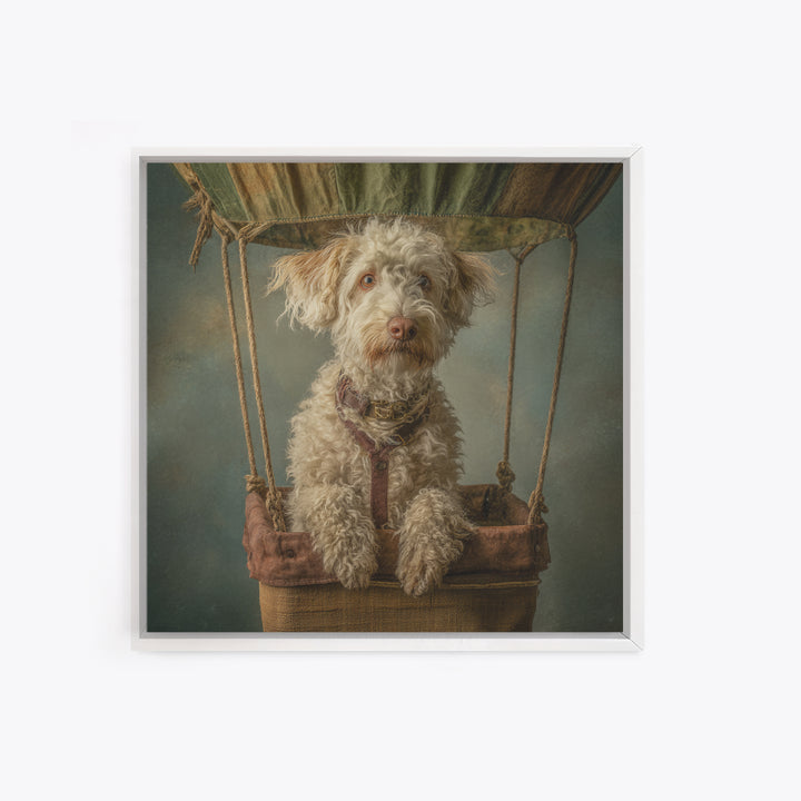 Dog in a Hot Air Balloon Framed Canvas Print, Whimsical Art, Gallery Decor, Living Room Decor, Fine Art, Wonder, Wall Art, WHI-1x1-62