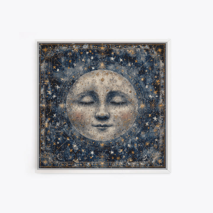 Moon with Sleeping Face and Dangling Stars Framed Canvas Print, Whimsical Art, Living Room Decor, Wonder, Gallery Decor, WHI-1x1-64