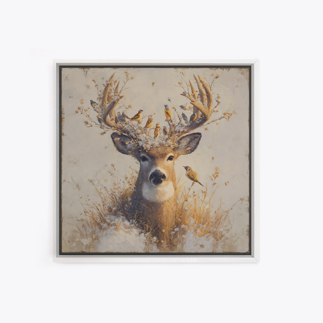 Deer with Antlers Full of Birds Framed Canvas Print, Whimsical Art, Modern Decor, Living Room Decor, Fine Art, Wonder, WHI-1x1-67