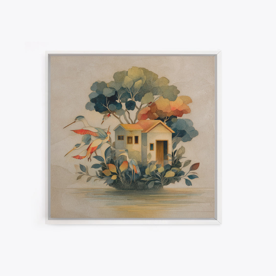Floating House Carried by Colorful Birds Framed Canvas Print, Whimsical Art, Framed Wall Art, Living Room Decor, Wonder, WHI-1x1-7