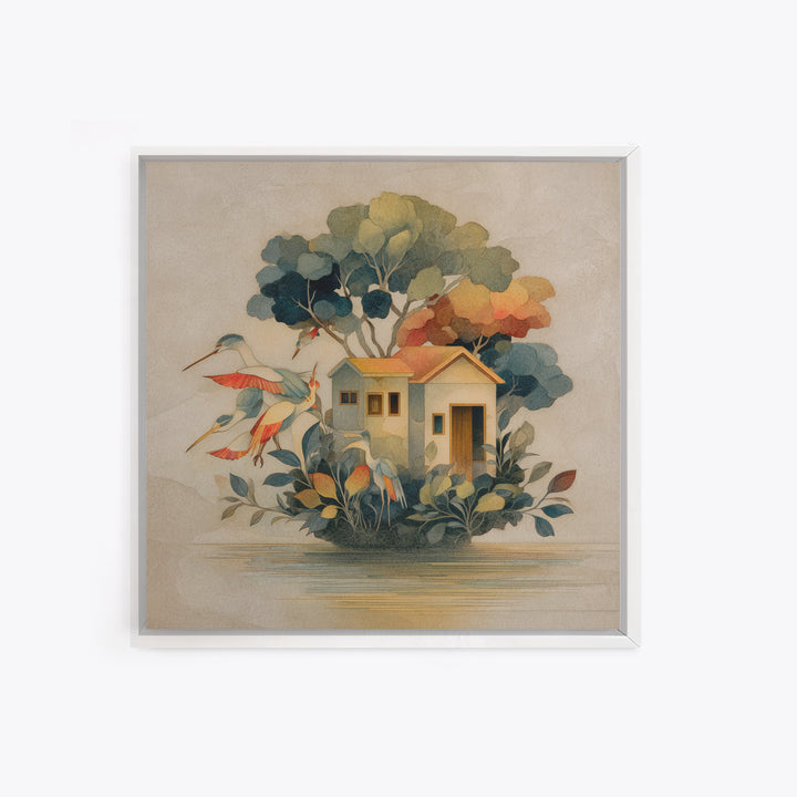 Floating House Carried by Colorful Birds Framed Canvas Print, Whimsical Art, Framed Wall Art, Living Room Decor, Wonder, WHI-1x1-7