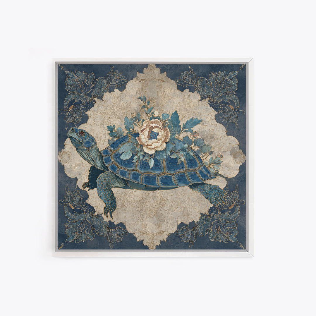 Turtle with Garden Growing on Shell Framed Canvas Print, Whimsical Art, Nursery Art, Living Room Decor, Oil Painting, Wonder, WHI-1x1-70
