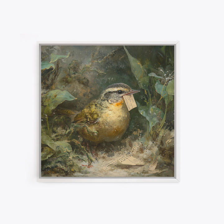 Bird Delivering a Tiny Love Letter Framed Canvas Print, Whimsical Art, Cat Art, Living Room Decor, Fine Art, Wonder, WHI-1x1-71