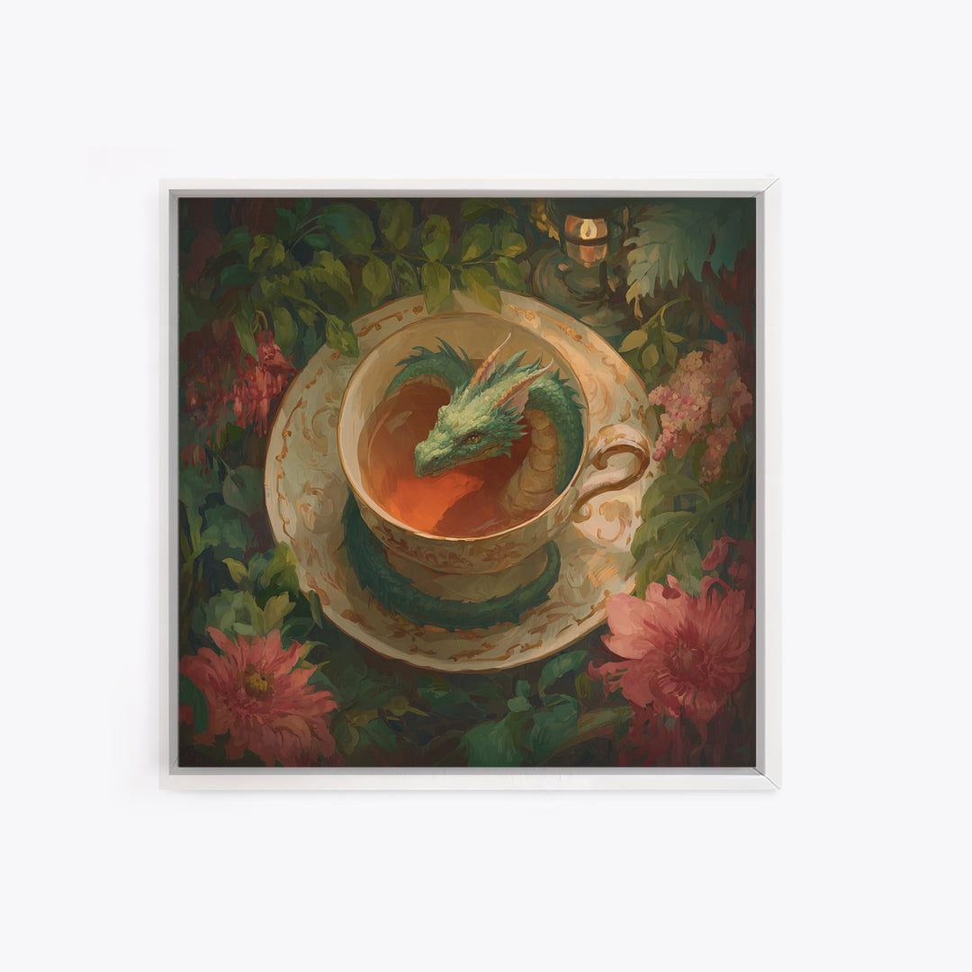 Dragon Curled Around a Teacup Framed Canvas Print, Whimsical Art, Bird Art, Living Room Decor, Abstract Art, Wonder, WHI-1x1-72