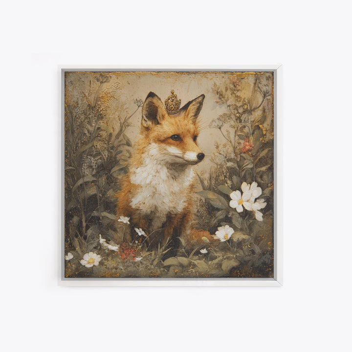 Fox Wearing a Tiny Crown Framed Canvas Print, Whimsical Art, Home Decor, Living Room Decor, Fine Art, Wonder, Digital Print, WHI-1x1-73