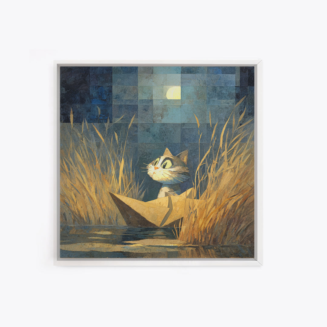 Cat Sailing a Paper Boat Framed Canvas Print, Whimsical Art, Fine Art Print, Living Room Decor, Fine Art, Wonder, Prints, WHI-1x1-74