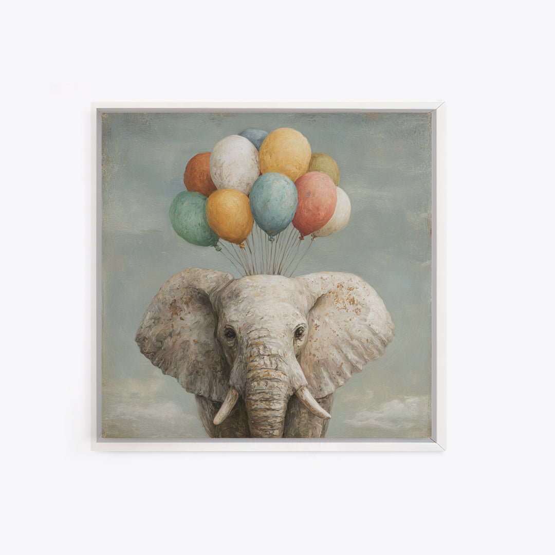 Elephant Holding Balloons Canvas Print, Whimsical Art, Statement Artwork, Living Room Decor, Fine Art, Wonder, Art Print, WHI-1x1-75