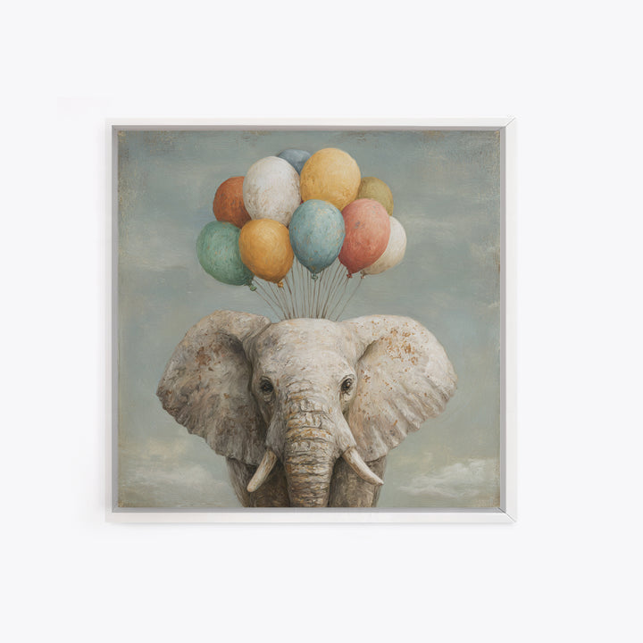 Elephant Holding Balloons Canvas Print, Whimsical Art, Statement Artwork, Living Room Decor, Fine Art, Wonder, Art Print, WHI-1x1-75