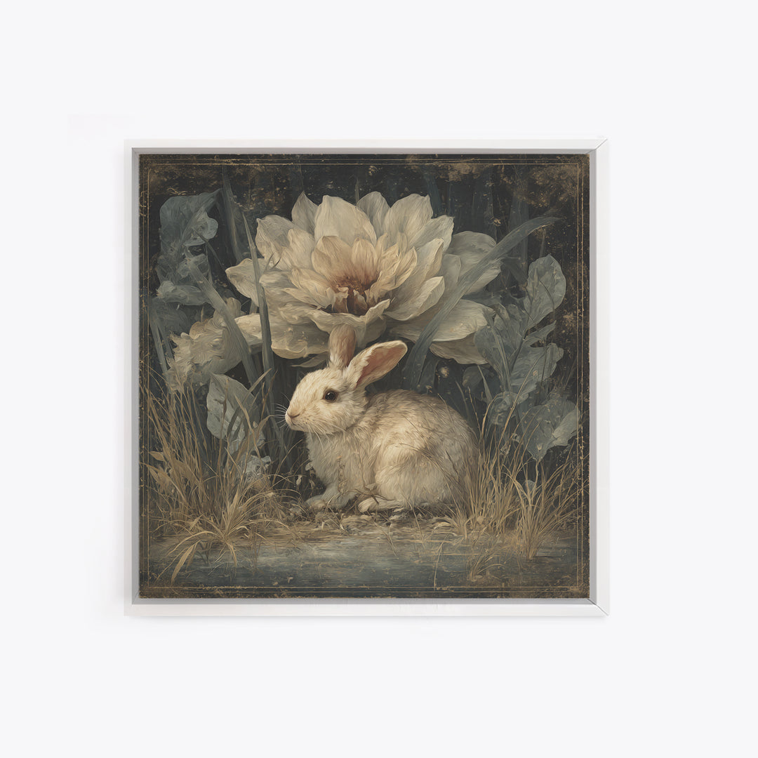 Rabbit Reading Beneath a Giant Flower Canvas Print, Whimsical Art, Wall Decor, Living Room Decor, Wonder, Printable Art, WHI-1x1-77