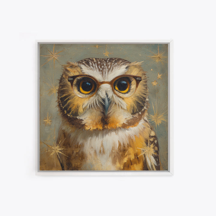 Owl Wearing Spectacles Among Stars Framed Canvas Print, Whimsical Art, Statement Artwork, Living Room Decor, Fine Art, Wonder, WHI-1x1-78