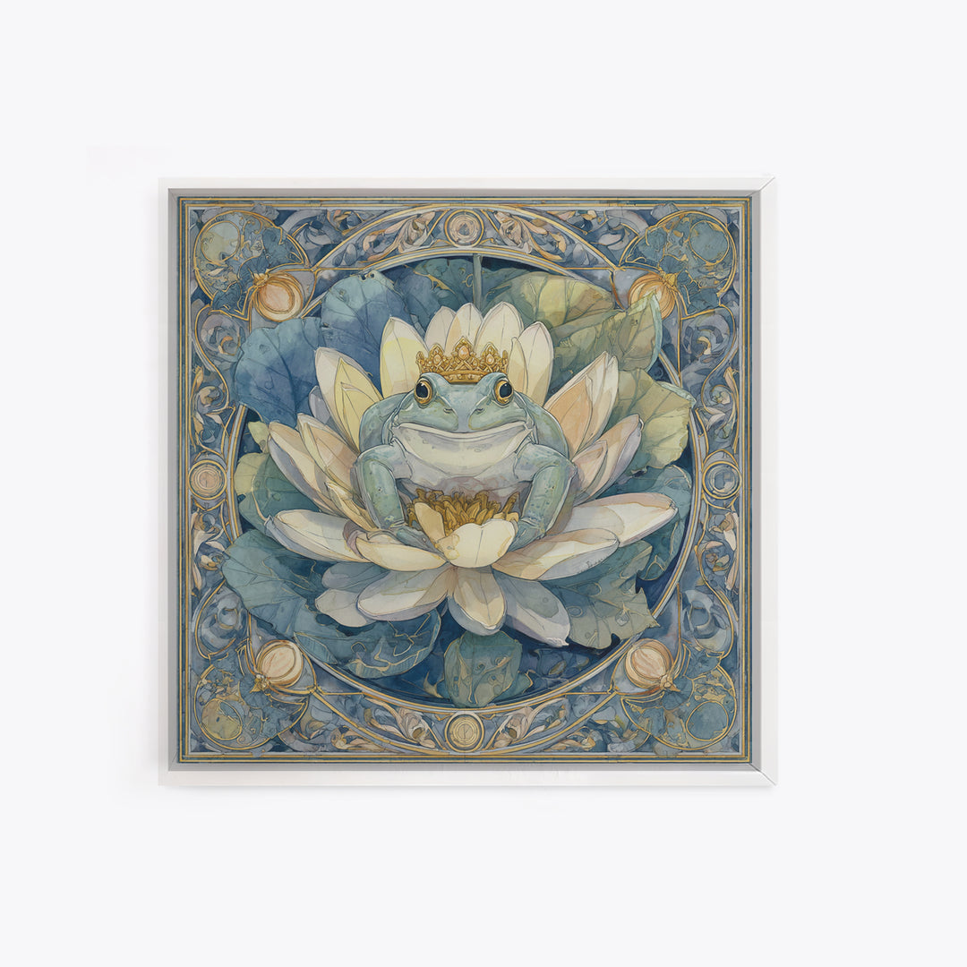 Frog Prince on a Lily Pad Framed Canvas Print, Whimsical Art, Oil Painting, Living Room Decor, Wonder, Dark Academia Decor, WHI-1x1-8