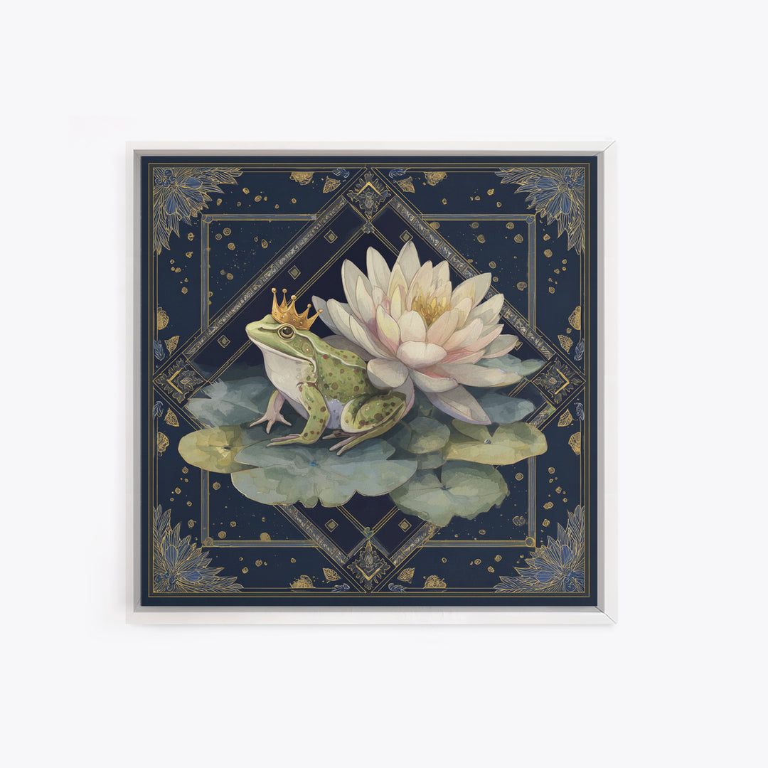 Frog Prince on a Lily Pad Framed Canvas Print, Whimsical Art, Fine Art Print, Living Room Decor, Fine Art, Wonder, Prints, WHI-1x1-80