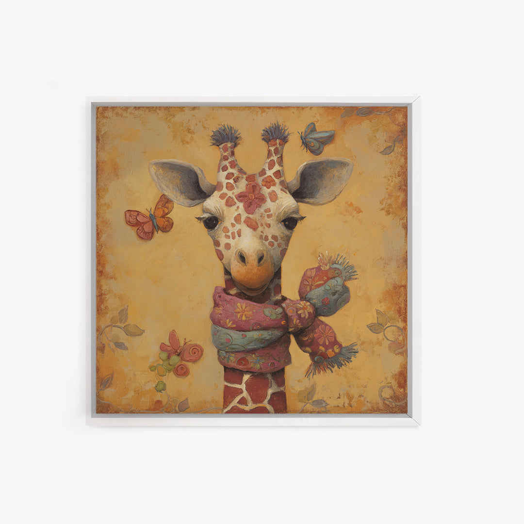Giraffe with Scarf and Butterflies Canvas Print, Whimsical Art, Boho Decor, Living Room Decor, Oil Painting, Wonder, WHI-1x1-82