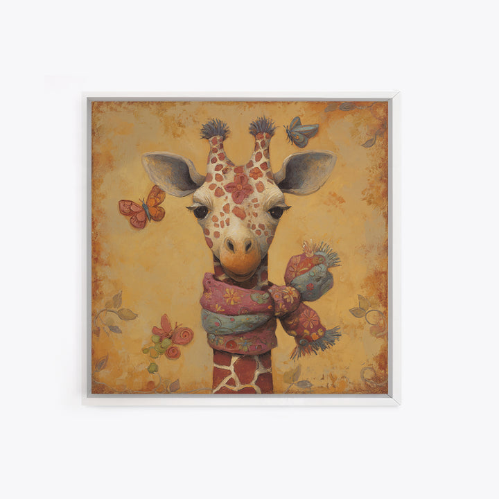 Giraffe with Scarf and Butterflies Canvas Print, Whimsical Art, Boho Decor, Living Room Decor, Oil Painting, Wonder, WHI-1x1-82