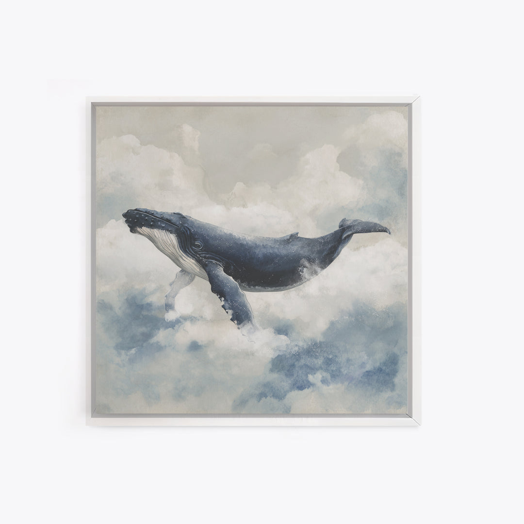 Whale Flying Through Clouds Like Ocean Canvas Print, Whimsical Art, Minimalist Decor, Living Room Decor, Oil Painting, Wonder, WHI-1x1-85