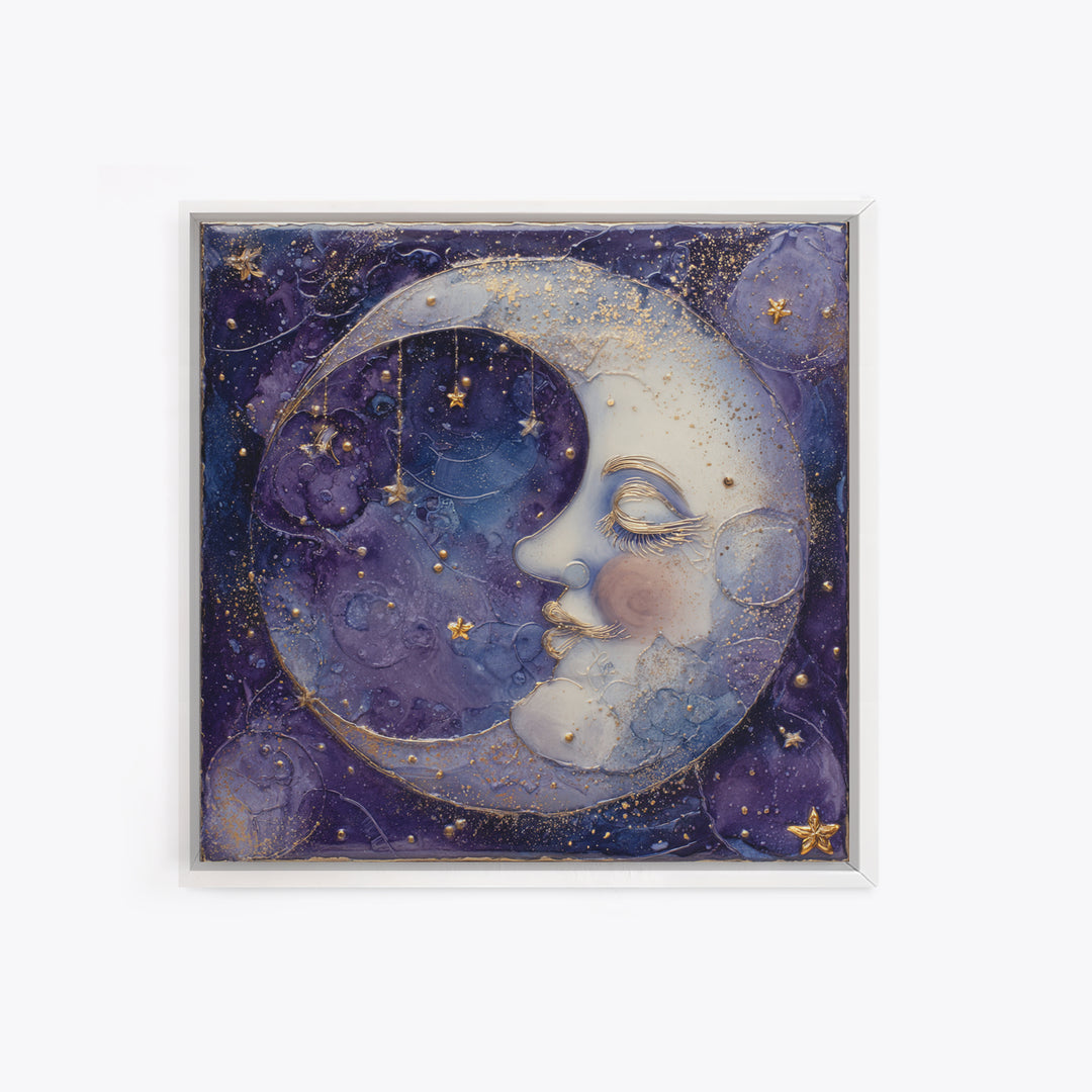 Moon with Sleeping Face and Dangling Stars Framed Canvas Print, Whimsical Art, Minimalist Decor, Living Room Decor, Wonder, WHI-1x1-88