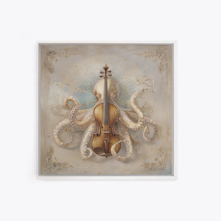 Octopus Conductor with Tiny Instruments Canvas Print, Whimsical Art, Neutral Decor, Living Room Decor, Fine Art, Wonder, WHI-1x1-90